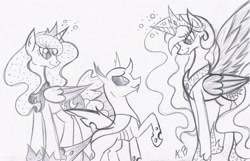 Size: 2255x1454 | Tagged: safe, artist:rossmaniteanzu, princess celestia, princess luna, thorax, alicorn, changeling, pony, the times they are a changeling, ethereal mane, female, grayscale, male, mare, monochrome, pencil drawing, sketch, starry mane, traditional art, trio