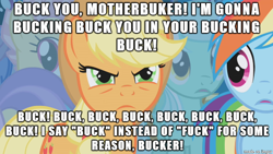 Size: 610x343 | Tagged: safe, applejack, earth pony, pony, angry, image macro, meme, vulgar