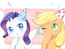 Size: 1400x1050 | Tagged: safe, artist:purin, artist:shouyu musume, applejack, rarity, earth pony, pony, unicorn, cupcake, cute, female, food, hat, jackabetes, lesbian, party, party hat, pixiv, raribetes, rarijack, shipping