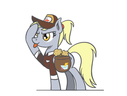 Size: 1800x1350 | Tagged: safe, artist:flutterluv, derpy hooves, pegasus, pony, bag, food, mailbag, mailmare, muffin, saddle bag, salute, simple background, solo, tongue out, transparent background