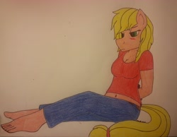 Size: 2996x2320 | Tagged: safe, artist:fluttershysshadow, applejack, anthro, plantigrade anthro, arrested, barefoot, belly button, blushing, bondage, embarrassed, feet, hands behind back, traditional art