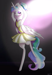 Size: 2100x3000 | Tagged: safe, artist:clefficia, princess celestia, alicorn, pony, ballerina, ballora, bipedal, clothes, crossover, dress, eyes closed, five nights at freddy's, solo