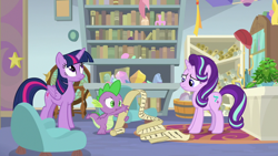 Size: 1920x1080 | Tagged: safe, screencap, phyllis, spike, starlight glimmer, twilight sparkle, twilight sparkle (alicorn), alicorn, dragon, pony, unicorn, a horse shoe-in, book, bookshelf, chair, female, globe, list, male, mare, philodendron, potted plant, scroll, starlight's office, trio, winged spike