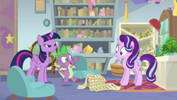 Size: 1920x1080 | Tagged: safe, screencap, phyllis, spike, starlight glimmer, twilight sparkle, twilight sparkle (alicorn), alicorn, dragon, pony, unicorn, a horse shoe-in, book, bookshelf, female, globe, male, mare, mid-blink screencap, philodendron, potted plant, scroll, starlight's office, winged spike