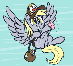 Size: 2172x1968 | Tagged: safe, artist:pirill, derpy hooves, pegasus, pony, abstract background, cheek fluff, clothes, ear fluff, envelope, female, flying, hat, mailbag, mailmare, mailmare hat, mare, package, smiling, solo, wings, wip