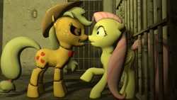 Size: 1191x670 | Tagged: safe, applejack, fluttershy, earth pony, pegasus, pony, robot, 3d, animatronic, applefreddy, creepy, creepy smile, five nights at aj's, five nights at freddy's, gmod, sharp teeth, solo, source filmmaker, this will end in tears, this will end in tears and/or death