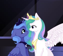 Size: 1024x910 | Tagged: safe, artist:katfromtheotherside, princess celestia, princess luna, alicorn, pony, floppy ears, horns are touching, looking at each other, s1 luna, sitting, spread wings