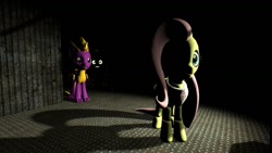 Size: 1191x670 | Tagged: artist needed, safe, applejack, fluttershy, oc, earth pony, pegasus, pony, robot, animatronic, applefreddy, creepy, five nights at aj's, five nights at freddy's, flutterchica, glowing eyes, looking at you, original character do not steal, scared, this will end in tears