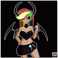 Size: 4000x4000 | Tagged: safe, artist:caoscore, derpibooru import, rainbow dash, demon, human, belly button, breasts, cleavage, clothes, costume, female, humanized, light skin, midriff, miniskirt, pleated skirt, skirt, smiling, smirk, solo, wings