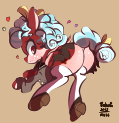 Size: 630x653 | Tagged: safe, artist:tohupo, cozy glow, pegasus, pony, brown background, butt, clothes, cozy glutes, female, filly, foal, heart, pleated skirt, plot, shoes, signature, simple background, skirt, skirt lift, socks, solo, technically an upskirt shot, thigh highs