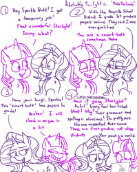 Size: 4779x6013 | Tagged: safe, artist:adorkabletwilightandfriends, starlight glimmer, twilight sparkle, twilight sparkle (alicorn), alicorn, pony, unicorn, comic:adorkable twilight and friends, adorkable, adorkable twilight, comic, computer, cute, dork, education, foal, friends, friendship, fun, grading, humor, insults, joking, laptop computer, school, silly, sitting, teasing, walking