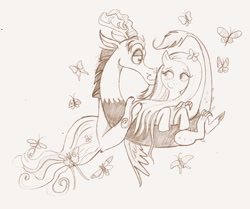 Size: 800x669 | Tagged: safe, artist:praysforaprankster, discord, fluttershy, butterfly, pegasus, pony, discoshy, female, male, monochrome, shipping, sketch, straight, traditional art