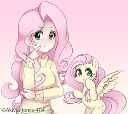 Size: 982x876 | Tagged: safe, artist:akivia-jones-404, fluttershy, human, clothes, cute, finger on cheek, hoof on cheek, human ponidox, humanized, shyabetes, solo, sweater, sweatershy