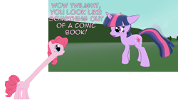 Size: 1920x1080 | Tagged: safe, artist:php74, derpibooru import, pinkie pie, twilight sparkle, earth pony, pony, 3d, breaking the fourth wall, cel shading, chroma-keyed, fourth wall, fourth wall destruction, green screen effect, manga shading, mmd, source filmmaker