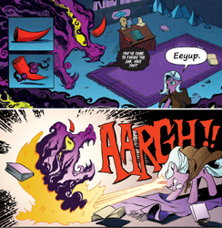 Size: 1288x1318 | Tagged: safe, derpibooru import, edit, idw, king sombra, radiant hope, pony, umbrum, unicorn, siege of the crystal empire, spoiler:comic, spoiler:comic34, book, broken horn, comic, dialogue, eeyup, female, floating horn, good end, horn, mare