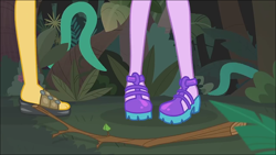 Size: 1280x720 | Tagged: safe, derpibooru import, screencap, sci-twi, sunset shimmer, twilight sparkle, better together, equestria girls, spring breakdown, close-up, clothes, feet, legs, pictures of legs, plant, sandals, shoes, slowpoke, stick, tentacles