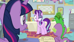 Size: 1920x1080 | Tagged: safe, screencap, spike, starlight glimmer, twilight sparkle, twilight sparkle (alicorn), alicorn, dragon, pony, unicorn, a horse shoe-in, female, male, mare, philodendron, potted plant, scroll, starlight's office, winged spike