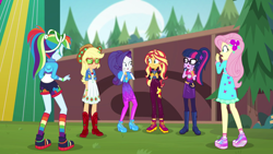 Size: 2208x1242 | Tagged: safe, screencap, applejack, fluttershy, rainbow dash, rarity, sci-twi, sunset shimmer, twilight sparkle, better together, equestria girls, festival filters, animation error, clothes, geode of telekinesis, magical geodes, rainbow socks, shoes, sneakers, socks, striped socks