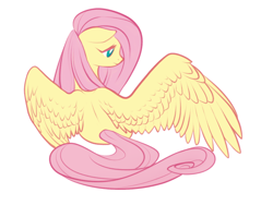 Size: 1280x965 | Tagged: safe, artist:peachiekeenie, fluttershy, pegasus, pony, cute, female, floppy ears, mare, profile, rear view, shyabetes, simple background, sitting, solo, spread wings, tumblr, white background