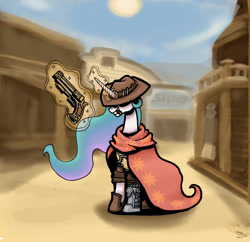 Size: 1000x968 | Tagged: safe, artist:sensko, princess celestia, alicorn, pony, amputee, crossover, grin, gun, jesse mccree, magic, newbie artist training grounds, overwatch, politics in the comments, prosthetic leg, prosthetic limb, prosthetics, smiling, solo, telekinesis, town, weapon