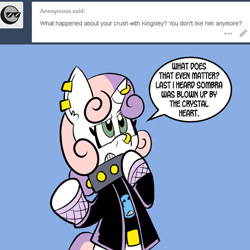 Size: 576x576 | Tagged: safe, artist:pembroke, derpibooru import, king sombra, sweetie belle, pony, unicorn, ask king sombra, dialogue, kingsley, meanie belle, simple background, solo