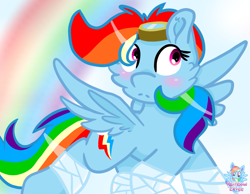 Size: 1201x934 | Tagged: safe, artist:rainbow eevee, derpibooru import, rainbow dash, pegasus, pony, bandage, blushing, cutie mark, female, goggles, rainbow, sky, solo, wings