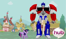 Size: 1698x1013 | Tagged: safe, derpibooru import, twilight sparkle, twilight sparkle (alicorn), alicorn, pony, female, mare, optimus prime, ponyville, transformers, transformers prime