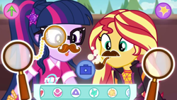 Size: 1280x720 | Tagged: safe, screencap, sci-twi, sunset shimmer, twilight sparkle, better together, equestria girls, festival filters, bubble pipe, facial hair, geode of telekinesis, glasses, john watson, magical geodes, magnifying glass, monocle, moustache, selfie, watson (filter)