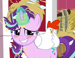 Size: 993x767 | Tagged: safe, screencap, starlight glimmer, bird, chicken, pony, unicorn, harvesting memories, spoiler:harvesting memories, blushing, cropped, cute, feather, female, glimmerbetes, mare, solo