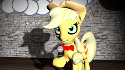 Size: 1024x576 | Tagged: safe, applejack, earth pony, pony, applefreddy, crazy face, creepy, creepy smile, faic, five nights at aj's, five nights at freddy's, looking at you, microphone, sharp teeth, singing, solo, this will end in tears