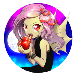 Size: 1300x1300 | Tagged: safe, artist:quizia, fluttershy, equestria girls, apple, clothes, dress, equestria girls-ified, flutterbat, full moon, hair accessory, moon, nail polish, solo, tongue out