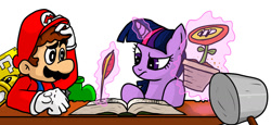 Size: 1200x554 | Tagged: safe, artist:s216barber, derpibooru import, twilight sparkle, book, cat bell, crossover, fire flower, goomba's shoe, hammer, mario, quill, super bell, super mario bros.