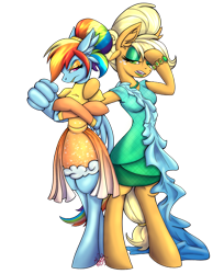 Size: 2157x2780 | Tagged: safe, artist:twoshoesmcgee, derpibooru import, applejack, rainbow dash, earth pony, pegasus, pony, semi-anthro, applejack also dresses in style, bipedal, bracelet, breasts, clothes, dress, ear fluff, eyeshadow, female, freckles, gloves, grumpy, hair bun, jewelry, lipstick, looking at you, makeup, mare, necklace, open mouth, pearl necklace, rainbow dash always dresses in style, simple background, skirt, transparent background