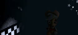 Size: 1024x461 | Tagged: safe, applejack, earth pony, pony, robot, animatronic, applefreddy, bloodshot eyes, crazy face, crazy smile, faic, five nights at aj's, five nights at freddy's, looking at you, microphone, sharp teeth, solo, this will end in tears