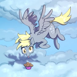 Size: 1850x1850 | Tagged: safe, artist:angelcakek, derpy hooves, pegasus, pony, :p, anatomically incorrect, cloud, cute, derpabetes, eyes on the prize, female, flying, looking at something, mare, muffin, sky, solo, spread wings, that pony sure does love muffins, tongue out, wings