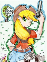 Size: 1280x1693 | Tagged: safe, artist:thearcano13, applejack, big macintosh, human, gun, humanized, no trigger discipline, revolver, traditional art