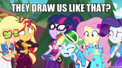 Size: 600x337 | Tagged: safe, edit, edited screencap, screencap, applejack, fluttershy, rainbow dash, rarity, sci-twi, sunset shimmer, twilight sparkle, better together, equestria girls, festival filters, geode of fauna, geode of shielding, geode of telekinesis, magical geodes, shrunken pupils