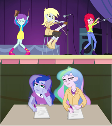 Size: 1024x1155 | Tagged: safe, edit, screencap, blueberry pie, derpy hooves, princess celestia, princess luna, principal celestia, raspberry fluff, vice principal luna, equestria girls, rainbow rocks, bell, cowbell, female, microphone, musical instrument, musical saw, the muffins, triangle