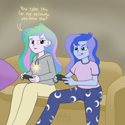 Size: 1500x1500 | Tagged: safe, artist:phallen1, princess celestia, princess luna, principal celestia, vice principal luna, equestria girls, clothes, gamer luna, hoodie, newbie artist training grounds, pajamas, sofa, video game