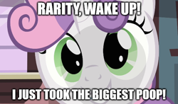 Size: 568x335 | Tagged: safe, edit, edited screencap, screencap, rarity, sweetie belle, pony, unicorn, caption, image macro, meme, naive sweetie belle, offscreen character, op is a cuck, op is trying to start shit, pov, sweetiepoo