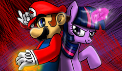 Size: 1900x1101 | Tagged: safe, artist:s216barber, derpibooru import, twilight sparkle, unicorn twilight, pony, unicorn, back to back, crossover, duo, mario, super mario bros.