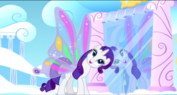 Size: 1360x736 | Tagged: safe, screencap, rarity, pony, unicorn, sonic rainboom (episode), cloudsdale, glimmer wings, mirror, solo