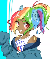 Size: 1782x2111 | Tagged: safe, artist:destroyer_aky, derpibooru import, rainbow dash, human, clothes, cute, dark skin, dashabetes, eyebrows visible through hair, female, hoodie, humanized, kotobukiya, kotobukiya rainbow dash, looking at you, smiling, solo, tanktop