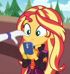 Size: 680x720 | Tagged: safe, screencap, rarity, sunset shimmer, better together, equestria girls, festival filters, boop, cellphone, cropped, female, geode of empathy, magical geodes, offscreen character, phone, smartphone, solo focus