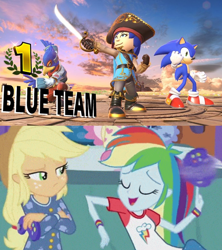 Size: 1280x1440 | Tagged: safe, artist:alphamonouryuuken, derpibooru import, applejack, rainbow dash, human, equestria girls, rainbow rocks, barely pony related, boots, clothes, crossover, falco lombardi, hat, isabelle, mii, mii fighters, mii swordfighter, pirate, pirate costume, pirate dash, pirate hat, pirate outfit, pose, shoes, smiling, sonic the hedgehog, sonic the hedgehog (series), star fox, super smash bros., super smash bros. ultimate, sword, team, text, weapon