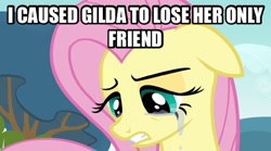Size: 606x337 | Tagged: safe, screencap, fluttershy, pegasus, pony, hurricane fluttershy, the lost treasure of griffonstone, crying, image macro, meme, solo, telling lies