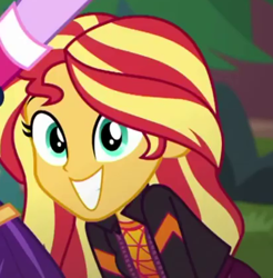 Size: 412x419 | Tagged: safe, screencap, sci-twi, sunset shimmer, twilight sparkle, equestria girls, equestria girls series, festival filters, spoiler:eqg series (season 2), clothes, cropped, cute, female, grin, new hairstyle, new outfit, offscreen character, shimmerbetes, smiling