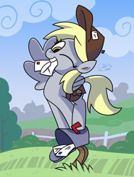 Size: 2262x3000 | Tagged: safe, artist:coaldustthestrange, derpy hooves, pegasus, pony, cute, derpabetes, derpy day, derpy day 2020, female, hat, high res, letter, looking at you, mail, mailbag, mailbox, mailmare, mailmare hat, mare, mouth hold, one eye closed, perching, scenery, smiling, solo, wink