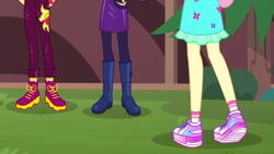 Size: 2208x1242 | Tagged: safe, screencap, fluttershy, sci-twi, sunset shimmer, twilight sparkle, butterfly, better together, equestria girls, festival filters, boots, clothes, dress, legs, pants, pantyhose, pictures of legs, raised leg, shoes, skirt, sneakers