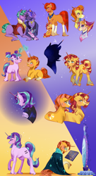 Size: 2172x4000 | Tagged: safe, artist:bunnari, fire flare, firelight, starlight glimmer, stellar flare, stormy flare, sunburst, sunset shimmer, oc, oc:gloomy spirit, pony, unicorn, baby, baby pony, book, brother and sister, colt, colt sunburst, crying, equal cutie mark, facial hair, female, filly, filly starlight glimmer, filly sunset shimmer, foal, gay, goatee, headcanon, magic, male, male oc, mare, mirror, s5 starlight, siblings, silhouette, stallion, sunny siblings, younger